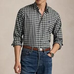 Ralph Lauren Men's Medium Plaid Button Down Shirt Navy Green Cotton Long Slv